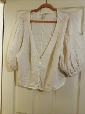 Women's linen Cream V-Neck Button Front Blouse